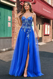 Royal Blue A-Line Spaghetti Straps Tulle Corset Beaded Long Prom Dress with Slit