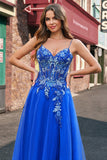 Royal Blue A-Line Spaghetti Straps Tulle Corset Beaded Long Prom Dress with Slit