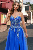 Royal Blue A-Line Spaghetti Straps Tulle Corset Beaded Long Prom Dress with Slit