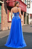 Royal Blue A-Line Spaghetti Straps Corset Tulle Prom Dress With Embroidery