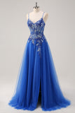 Royal Blue A-Line Spaghetti Straps Corset Tulle Prom Dress With Embroidery