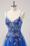 Royal Blue A-Line Spaghetti Straps Corset Tulle Prom Dress With Embroidery