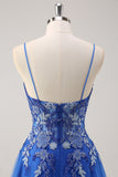 Royal Blue A-Line Spaghetti Straps Corset Tulle Prom Dress With Embroidery