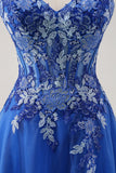 Royal Blue A-Line Spaghetti Straps Corset Tulle Prom Dress With Embroidery