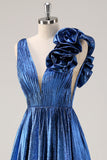 Royal Blue A Line Deep V-Neck Metallic Prom Dress with Floral Shoulder Detail