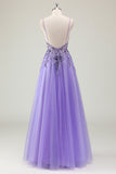 Sparkly Purple A-Line Corset Sequin Tulle Long Prom Dress with Appliques