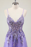 Sparkly Purple A-Line Corset Sequin Tulle Long Prom Dress with Appliques