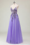 Sparkly Purple A-Line Corset Sequin Tulle Long Prom Dress with Appliques