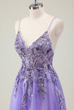 Sparkly Purple A-Line Corset Sequin Tulle Long Prom Dress with Appliques