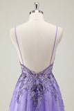 Sparkly Purple A-Line Corset Sequin Tulle Long Prom Dress with Appliques