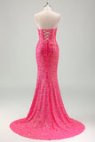 Sparkly Fuchsia Mermaid Sweetheart Corset Sequins Long Prom Dress with Slit