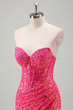 Sparkly Fuchsia Mermaid Sweetheart Corset Sequins Long Prom Dress with Slit