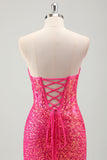 Sparkly Fuchsia Mermaid Sweetheart Corset Sequins Long Prom Dress with Slit