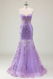 Glitter Purple Mermaid Sweetheart Corset Long Prom Dress with Appliques