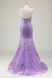 Glitter Purple Mermaid Sweetheart Corset Long Prom Dress with Appliques