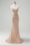 Sparkly Mermaid Champagne Spaghetti Straps Corset Prom Dress with Sequins