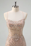 Sparkly Mermaid Champagne Spaghetti Straps Corset Prom Dress with Sequins