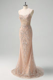 Sparkly Mermaid Champagne Spaghetti Straps Corset Prom Dress with Sequins