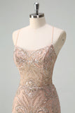 Sparkly Mermaid Champagne Spaghetti Straps Corset Prom Dress with Sequins