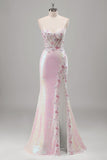 Sparkly Pink Mermaid Sequins Sheer Corset Open Back Long Prom Dress with Floral Slit