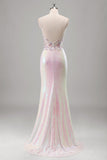 Sparkly Pink Mermaid Sequins Sheer Corset Open Back Long Prom Dress with Floral Slit