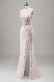 Sparkly Pink Mermaid Sequins Sheer Corset Open Back Long Prom Dress with Floral Slit