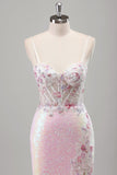 Sparkly Pink Mermaid Sequins Sheer Corset Open Back Long Prom Dress with Floral Slit