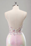 Sparkly Pink Mermaid Sequins Sheer Corset Open Back Long Prom Dress with Floral Slit