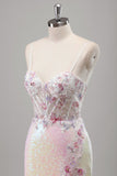 Sparkly Pink Mermaid Sequins Sheer Corset Open Back Long Prom Dress with Floral Slit