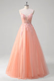 Sparkly Peach Ball-Gown Corset Beaded Floral Tulle Long Prom Dress with Sequins