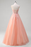 Sparkly Peach Ball-Gown Corset Beaded Floral Tulle Long Prom Dress with Sequins