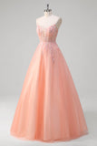 Sparkly Peach Ball-Gown Corset Beaded Floral Tulle Long Prom Dress with Sequins