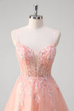 Sparkly Peach Ball-Gown Corset Beaded Floral Tulle Long Prom Dress with Sequins