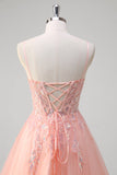 Sparkly Peach Ball-Gown Corset Beaded Floral Tulle Long Prom Dress with Sequins