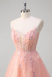 Sparkly Peach Ball-Gown Corset Beaded Floral Tulle Long Prom Dress with Sequins