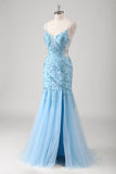 Blue Mermaid Spaghetti Straps Sequin Long Appliqued Prom Dress with Tulle Slit