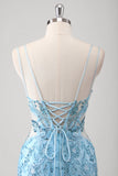 Blue Mermaid Spaghetti Straps Sequin Long Appliqued Prom Dress with Tulle Slit