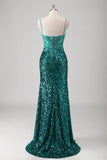 Glitter Peacock Green Mermaid Spaghetti Straps Sequin Long Prom Dress With Slit