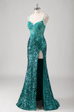 Glitter Peacock Green Mermaid Spaghetti Straps Sequin Long Prom Dress With Slit