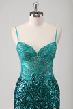 Glitter Peacock Green Mermaid Spaghetti Straps Sequin Long Prom Dress With Slit