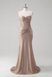 Khaki Mermaid Strapless Corset Pleated Open Back Long Prom Dress