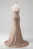 Khaki Mermaid Strapless Corset Pleated Open Back Long Prom Dress