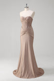 Khaki Mermaid Strapless Corset Pleated Open Back Long Prom Dress