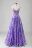 Sparkly Purple A-Line Spaghetti Straps Sheer Beaded Long Prom Dress With Sequins