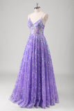 Sparkly Purple A-Line Spaghetti Straps Sheer Beaded Long Prom Dress With Sequins