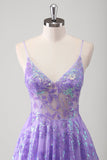 Sparkly Purple A-Line Spaghetti Straps Sheer Beaded Long Prom Dress With Sequins