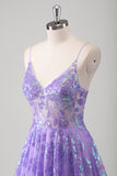 Sparkly Purple A-Line Spaghetti Straps Sheer Beaded Long Prom Dress With Sequins