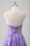 Sparkly Purple A-Line Spaghetti Straps Sheer Beaded Long Prom Dress With Sequins