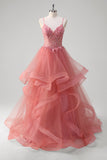 Coral A Line Spiral Ruffles Corset Tiered Long Prom Dress with Appliques