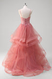 Coral A Line Spiral Ruffles Corset Tiered Long Prom Dress with Appliques